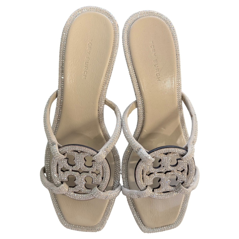 Tory Burch Miller Crystal Sandals Women 7M Kitten Heel Logo Guest Rhinestone